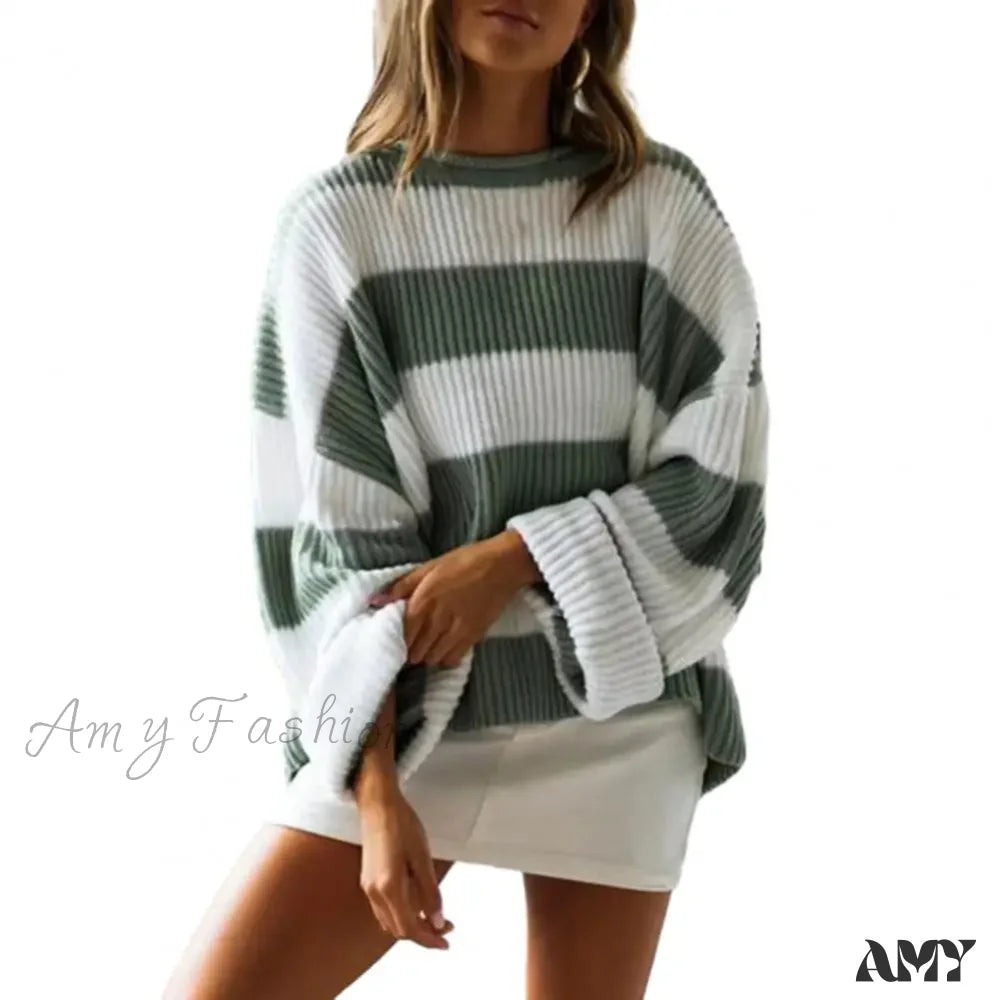 Fall Winter Colorblock Knitted Thick Loose Warm Elastic Cozy Sweater Dark Green / S