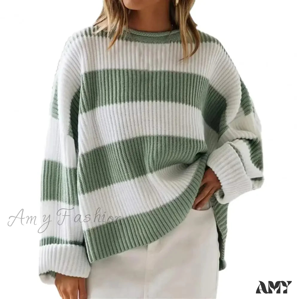 Fall Winter Colorblock Knitted Thick Loose Warm Elastic Cozy Sweater Light Green / S