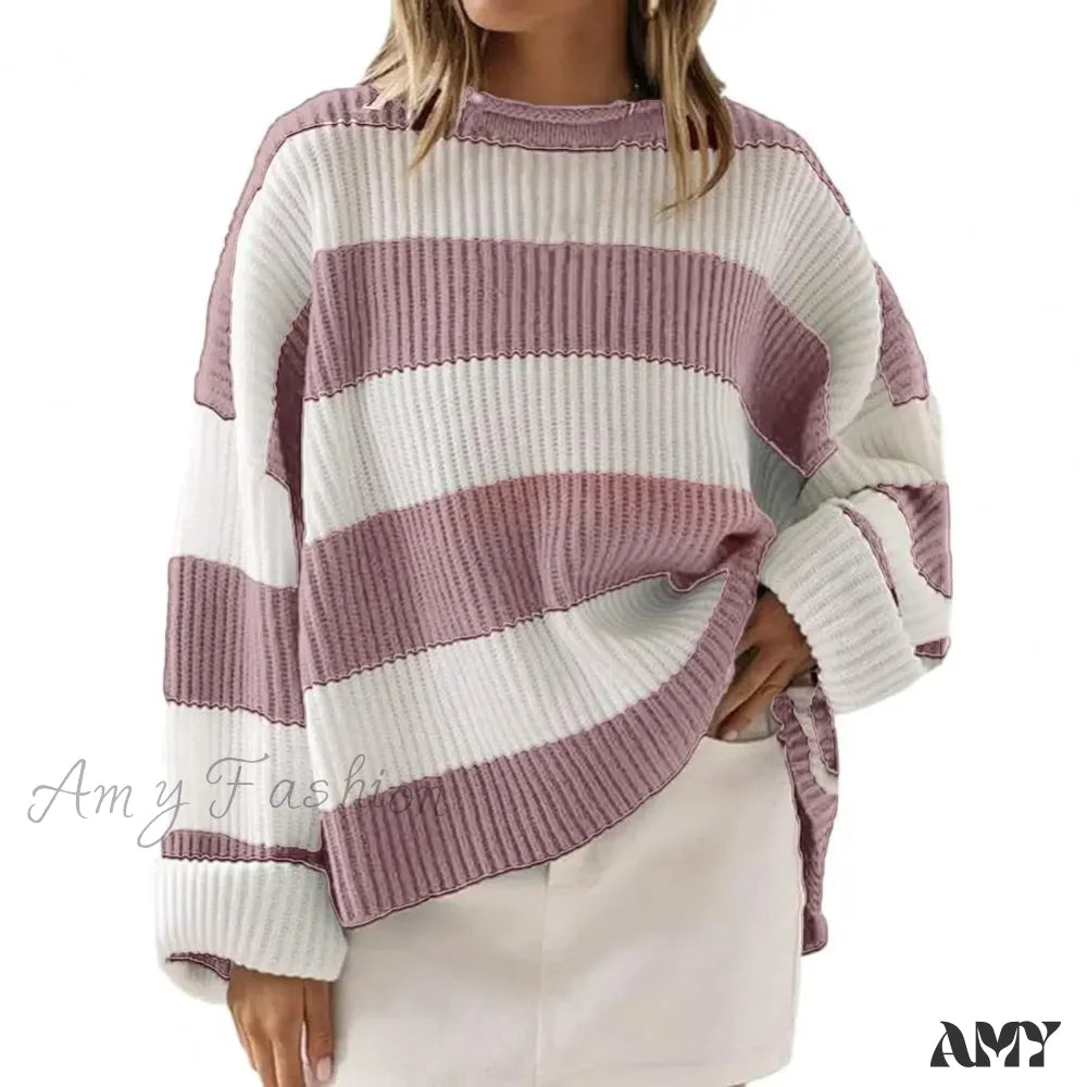 Fall Winter Colorblock Knitted Thick Loose Warm Elastic Cozy Sweater Pink / S