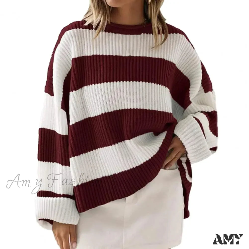 Fall Winter Colorblock Knitted Thick Loose Warm Elastic Cozy Sweater Wine Red / S