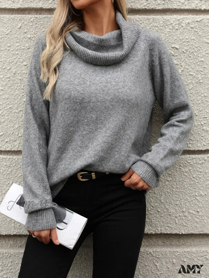 Fall Winter Solid Turtleneck Off Shoulder Long Sleeve Loose Sweater Gray / S