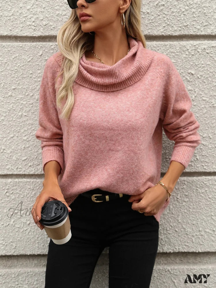 Fall Winter Solid Turtleneck Off Shoulder Long Sleeve Loose Sweater Pink / S