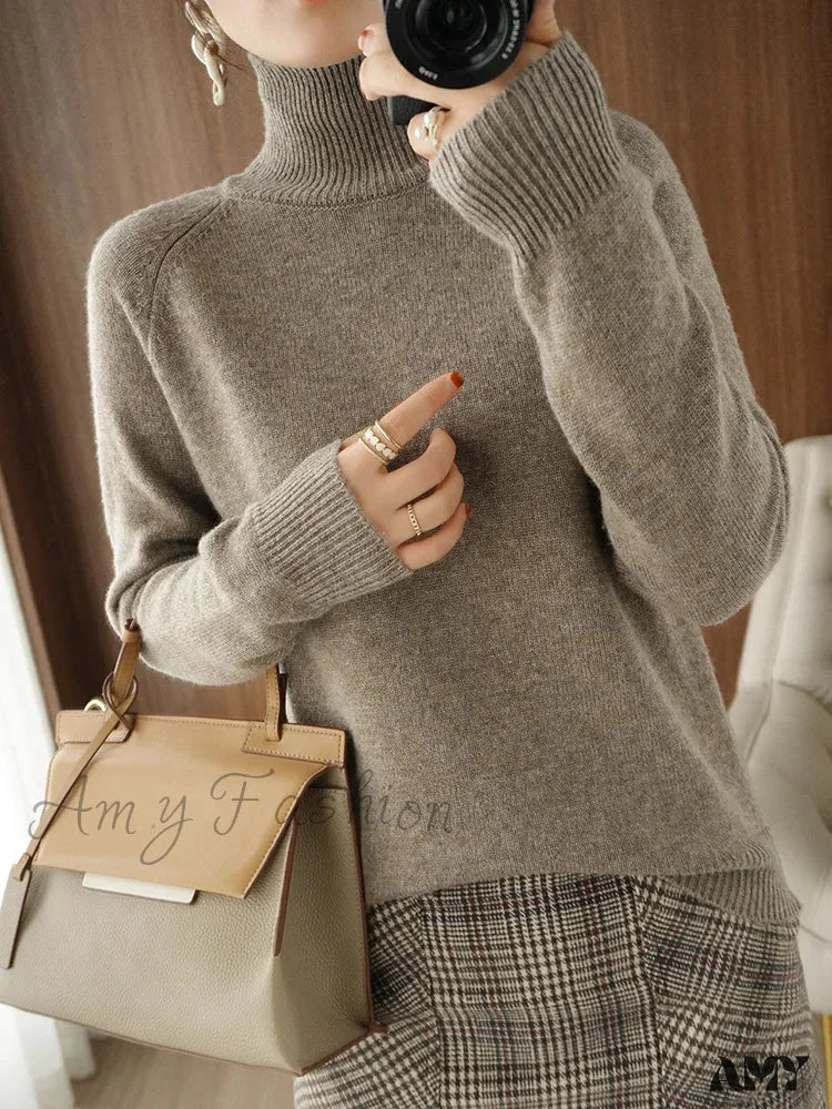 Fashion Basic Autumn Winter Merino Wool Mock Neck Cashmere Pullover Soft Long Sleeve Sweater