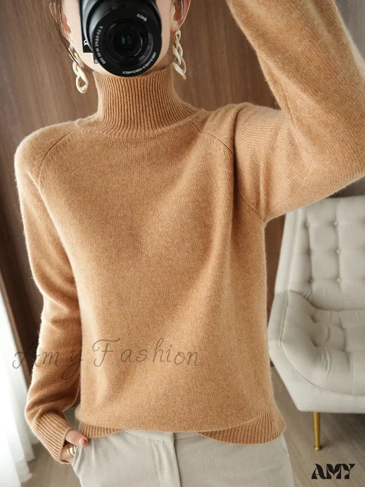 Fashion Basic Autumn Winter Merino Wool Mock Neck Cashmere Pullover Soft Long Sleeve Sweater