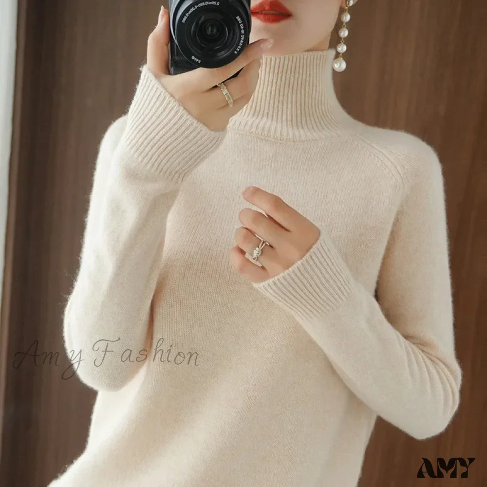 Fashion Basic Autumn Winter Merino Wool Mock Neck Cashmere Pullover Soft Long Sleeve Sweater Beige