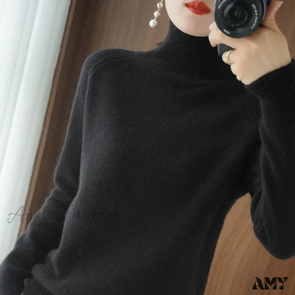 Fashion Basic Autumn Winter Merino Wool Mock Neck Cashmere Pullover Soft Long Sleeve Sweater Black