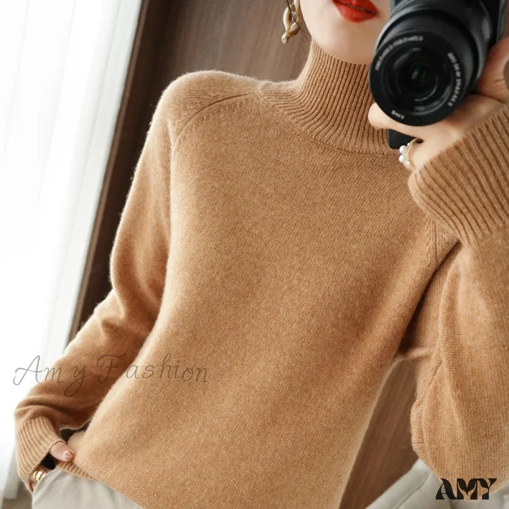 Fashion Basic Autumn Winter Merino Wool Mock Neck Cashmere Pullover Soft Long Sleeve Sweater Gold /