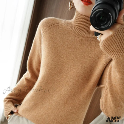 Fashion Basic Autumn Winter Merino Wool Mock Neck Cashmere Pullover Soft Long Sleeve Sweater Gold /