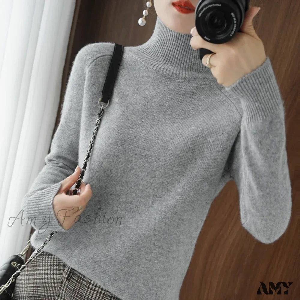 Fashion Basic Autumn Winter Merino Wool Mock Neck Cashmere Pullover Soft Long Sleeve Sweater Gray /