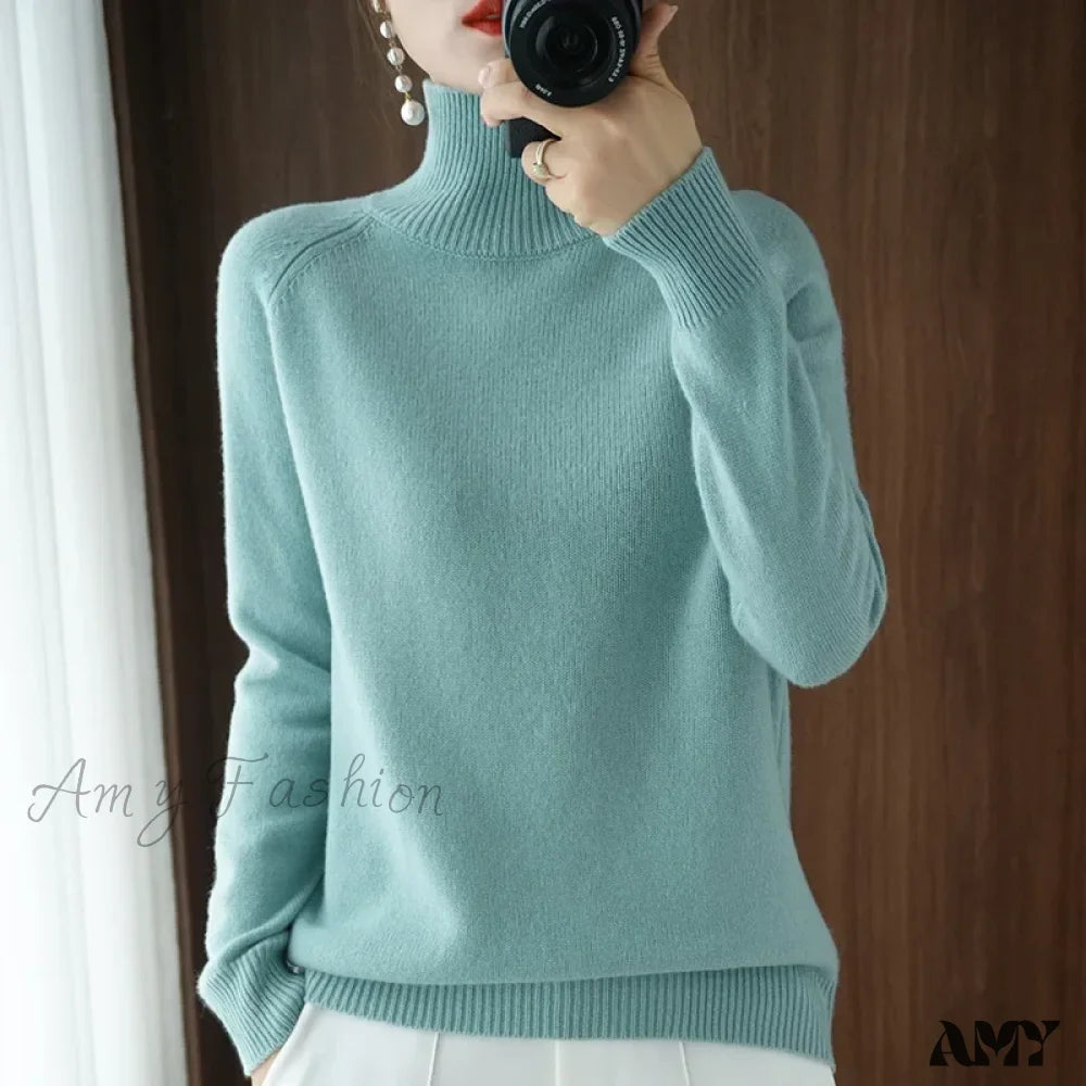 Fashion Basic Autumn Winter Merino Wool Mock Neck Cashmere Pullover Soft Long Sleeve Sweater Green