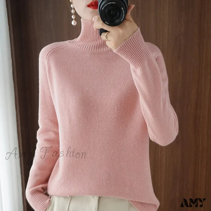 Fashion Basic Autumn Winter Merino Wool Mock Neck Cashmere Pullover Soft Long Sleeve Sweater Pink /