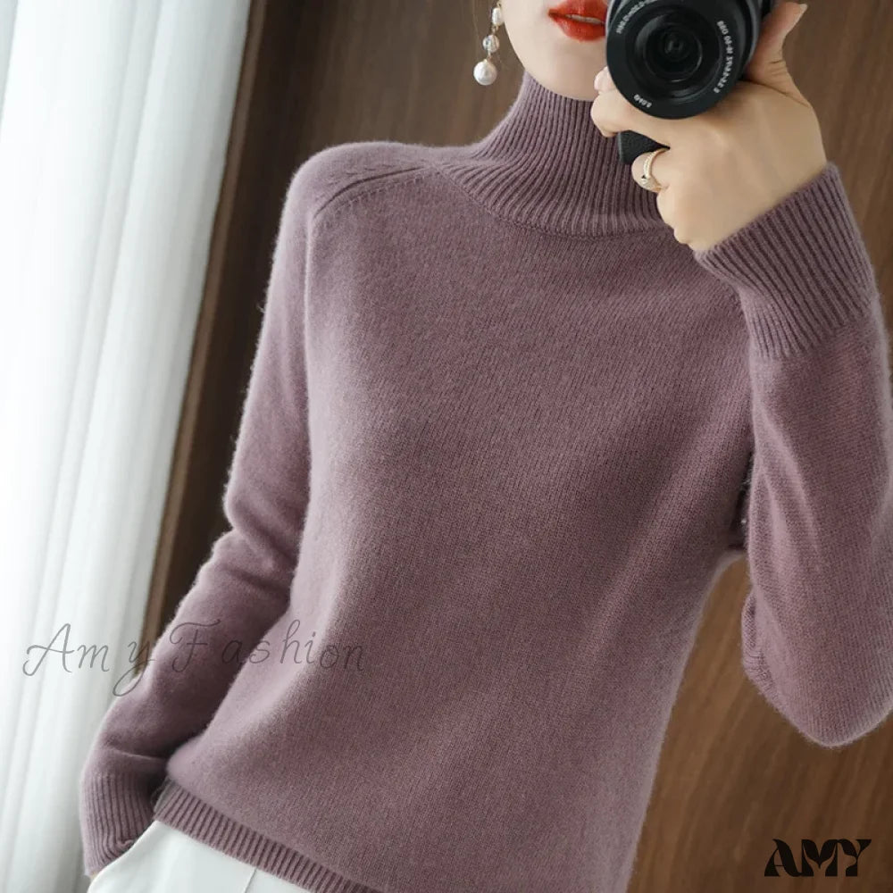 Fashion Basic Autumn Winter Merino Wool Mock Neck Cashmere Pullover Soft Long Sleeve Sweater Purple