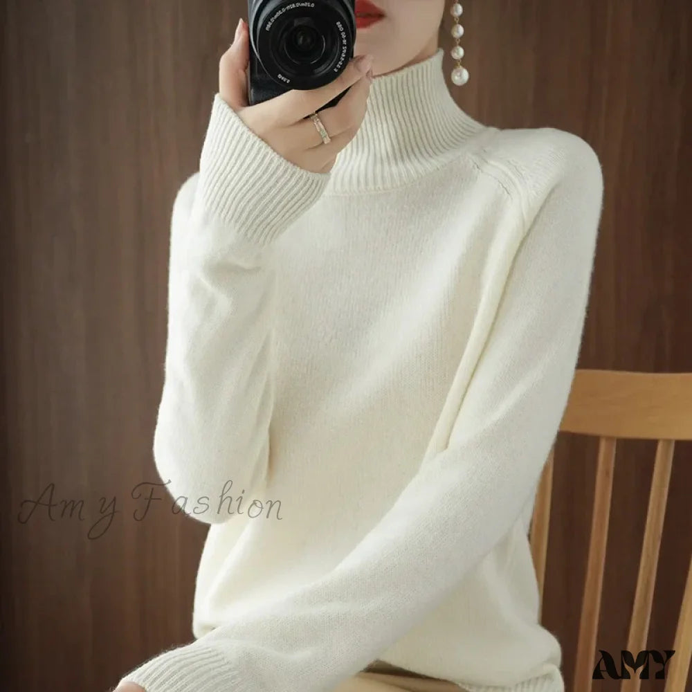 Fashion Basic Autumn Winter Merino Wool Mock Neck Cashmere Pullover Soft Long Sleeve Sweater White