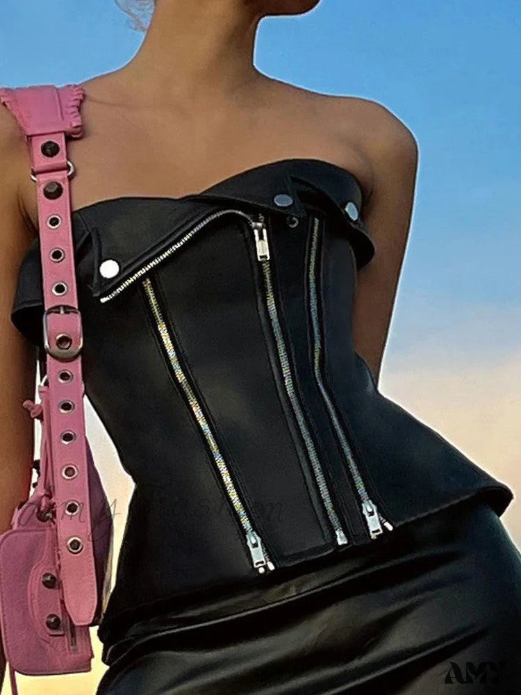 Fashion Black Leather Punk Top Goth Pu Crop Zipper