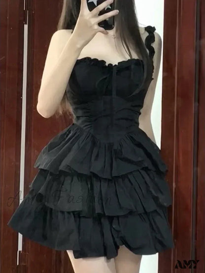 Fashion Cake Hrajuku Y2K Kawaii Soft Ruffles Charming Black Party 2024 Lolita Coquette Goth Dress