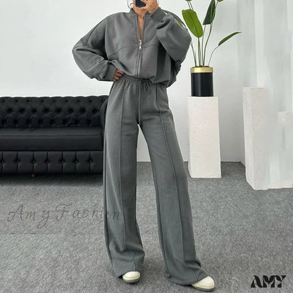 Fashion Casual Loose Solid Two-Piece Suit Gray / S