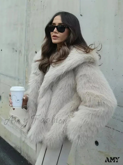 Fashion Faux Fur Cropped Autumn Winter Lapel Long Sleeve Thick Warm Chic Coat