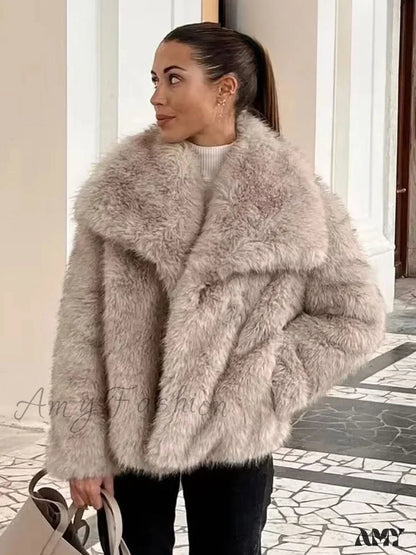 Fashion Faux Fur Cropped Autumn Winter Lapel Long Sleeve Thick Warm Chic Coat