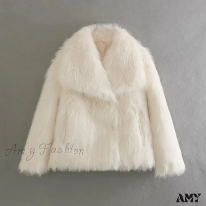 Fashion Faux Fur Cropped Autumn Winter Lapel Long Sleeve Thick Warm Chic Coat Beige / S