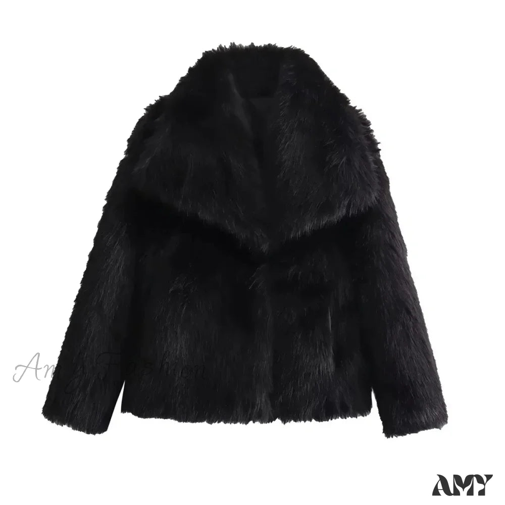 Fashion Faux Fur Cropped Autumn Winter Lapel Long Sleeve Thick Warm Chic Coat Black / S