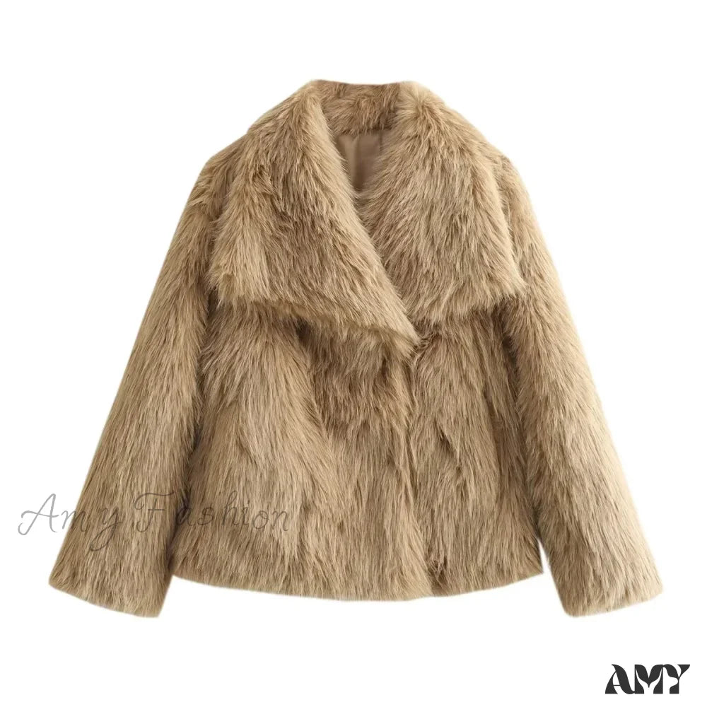 Fashion Faux Fur Cropped Autumn Winter Lapel Long Sleeve Thick Warm Chic Coat Brown / S