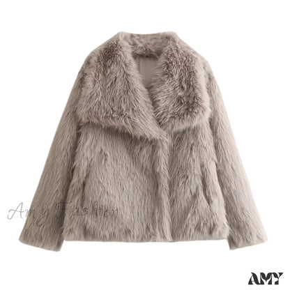 Fashion Faux Fur Cropped Autumn Winter Lapel Long Sleeve Thick Warm Chic Coat Grey / S