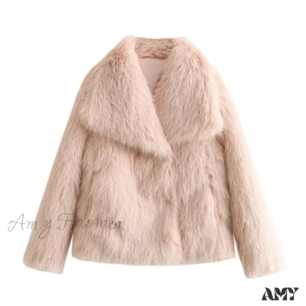 Fashion Faux Fur Cropped Autumn Winter Lapel Long Sleeve Thick Warm Chic Coat Pink / S