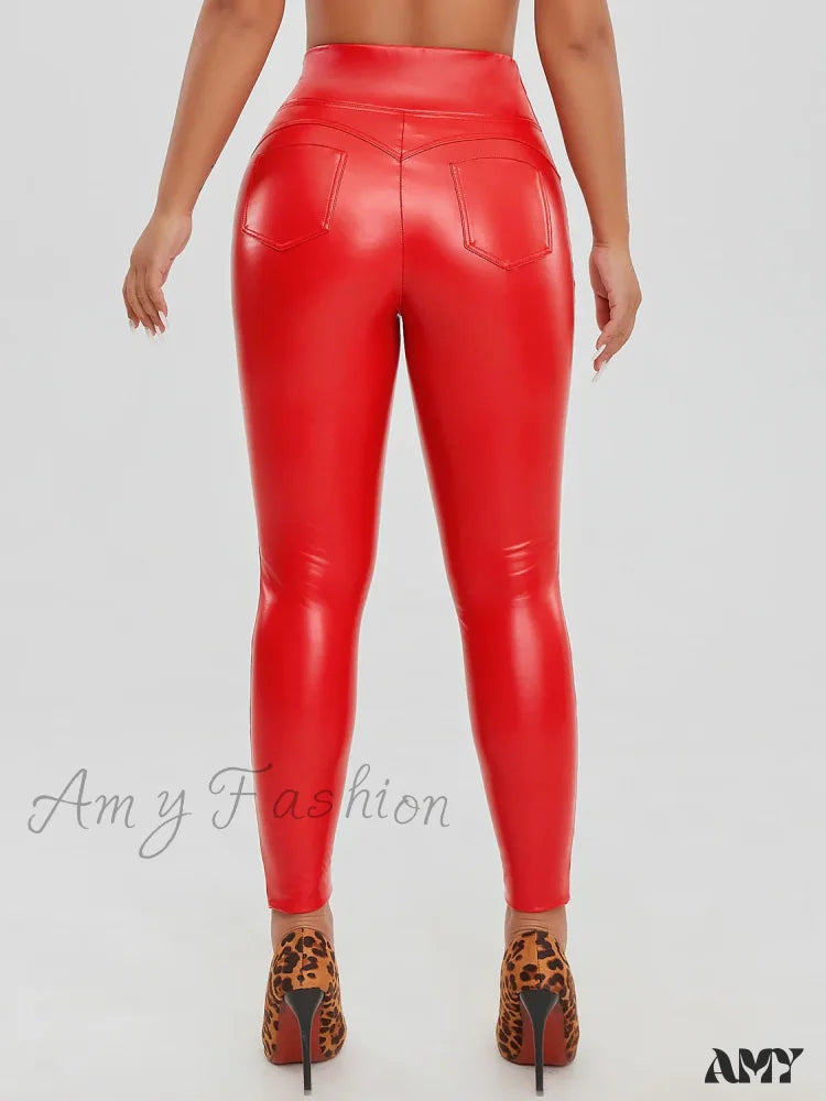 Fashion Faux Leather Skinny Pu High Waist Sexy Stretchy Warm Trousers Female Leggings