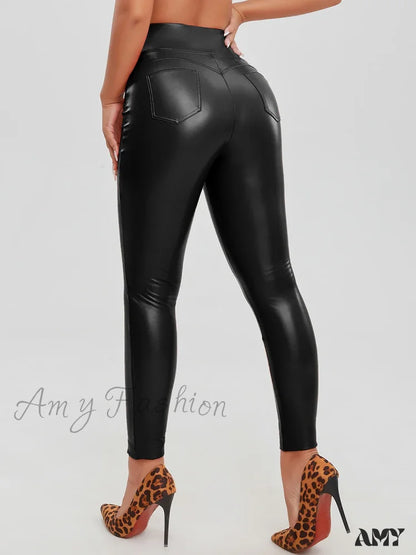 Fashion Faux Leather Skinny Pu High Waist Sexy Stretchy Warm Trousers Female Leggings