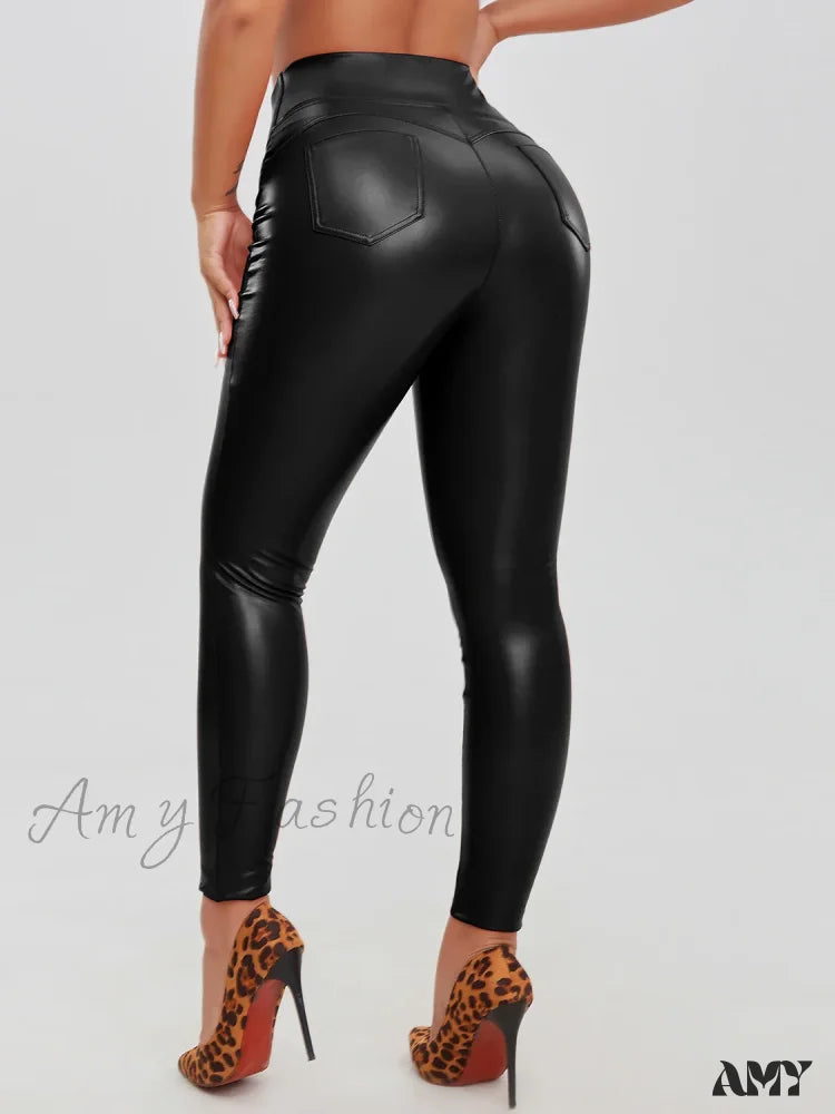 Fashion Faux Leather Skinny Pu High Waist Sexy Stretchy Warm Trousers Female Leggings Black / S