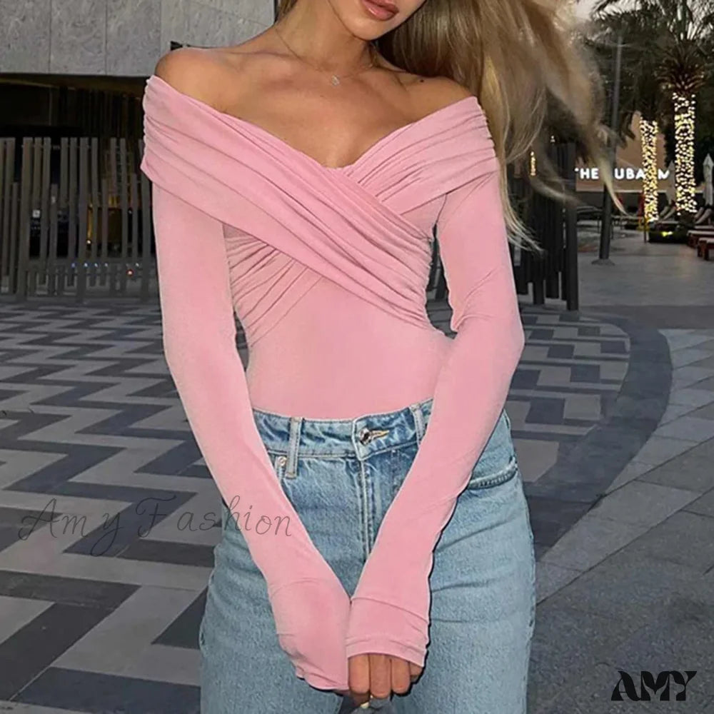 Fashion Front Cross Long Sleeve Slim Fit Clubwear Streetwear Crop Top Pink / S