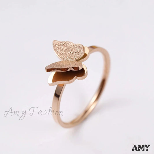 Fashion Frosted Butterfly Titanium Steel Ring Rose Gold / 6