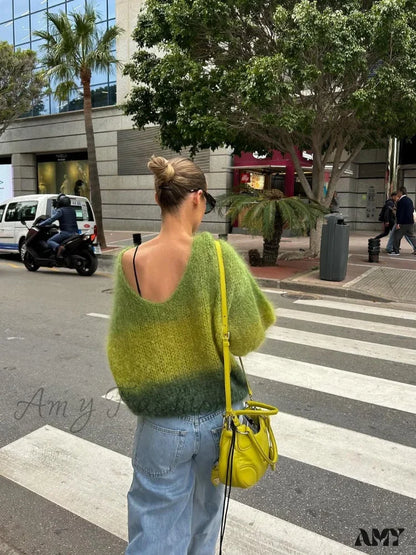 Fashion Gradient Green Loose Knitted Pullover Women Elegant Round Neck Long Sleeve Chic Autumn