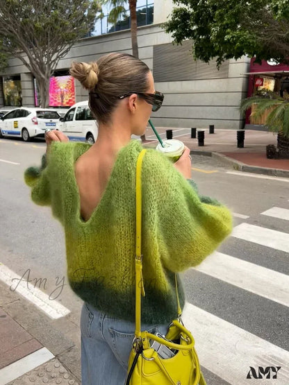 Fashion Gradient Green Loose Knitted Pullover Women Elegant Round Neck Long Sleeve Chic Autumn