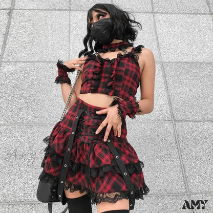 Fashion Harajuku Plaided Skirt High Sets Mini Girl Streetwear Waist Lolita Gothic Japanese Plaid