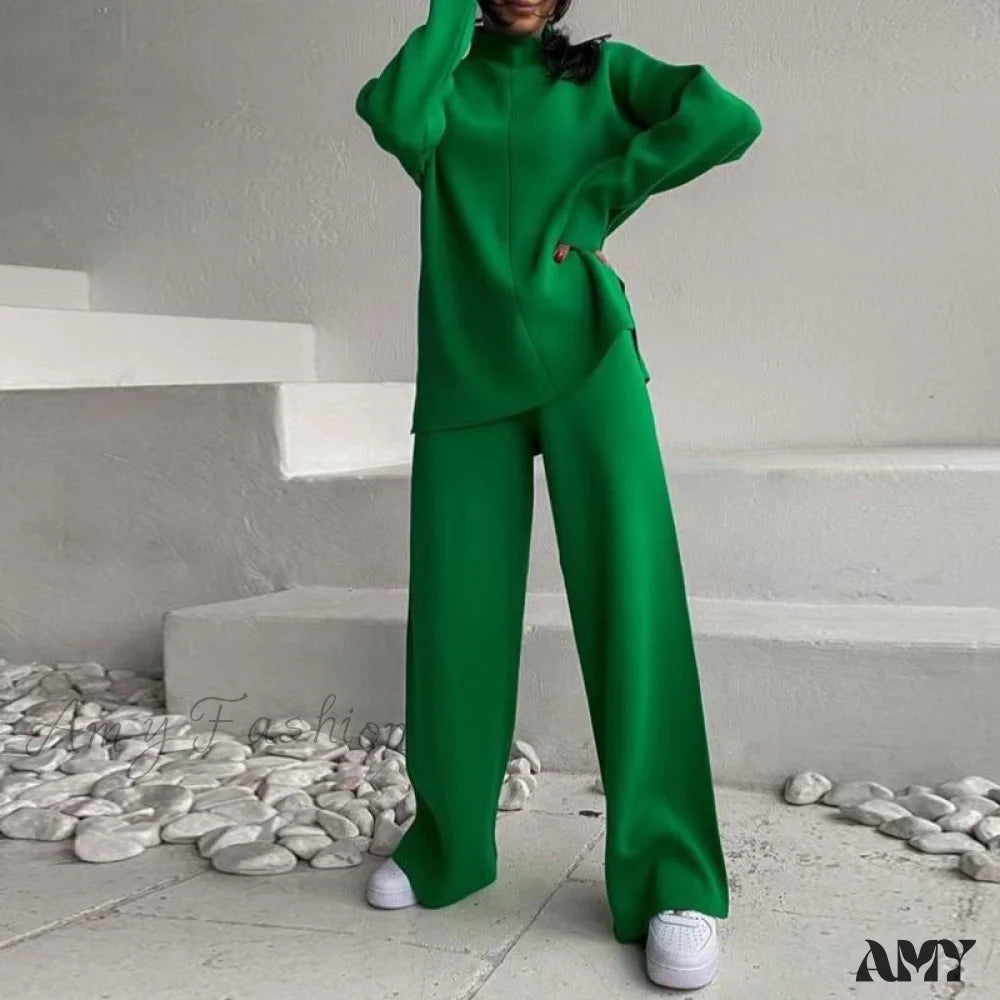 Fashion Loose Casual Knit Long Pants Two-Piece Suit Green / Uniform Size