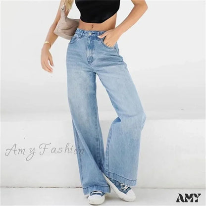 Fashion Loose Mid Waist Straight Daily Casual Commuter Denim High Street Wide Leg Jean Blue / Xs