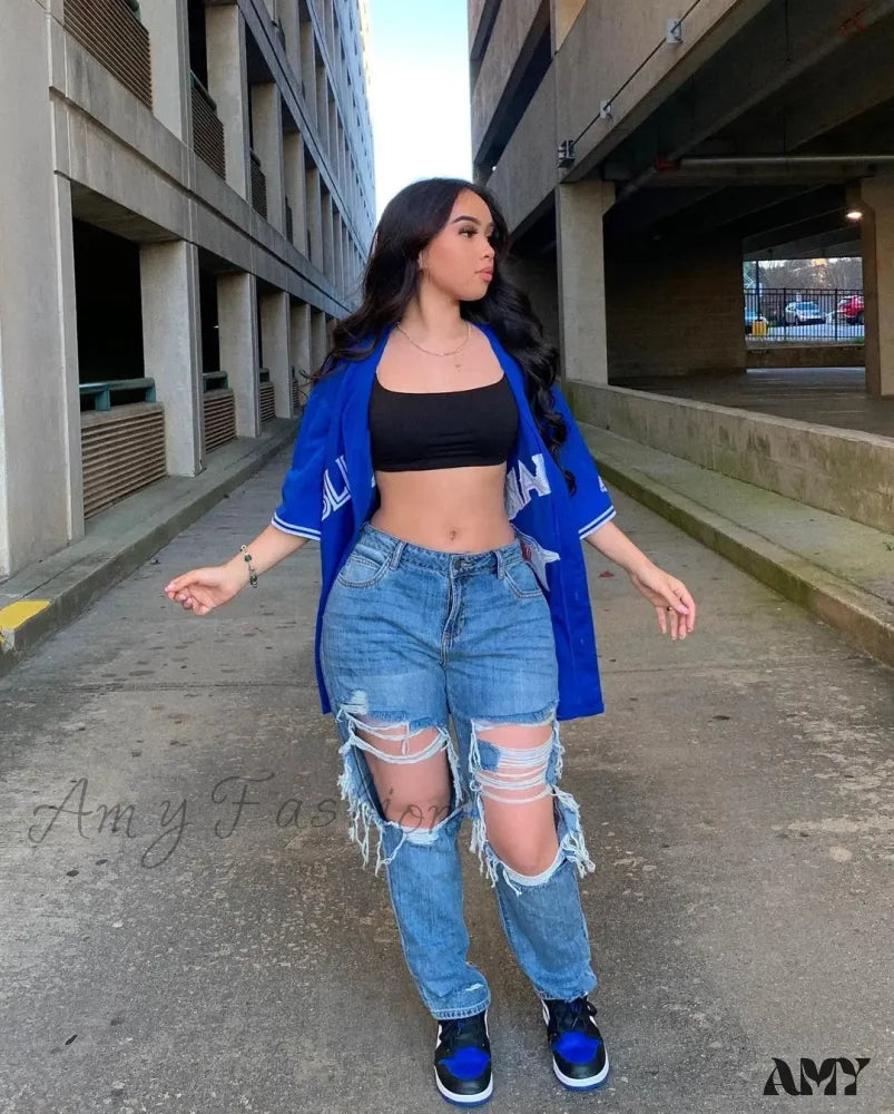 Fashion Loose Ripped Hole Straight Denim Street Trendy Casual Boyfriend Jean