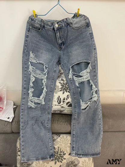 Fashion Loose Ripped Hole Straight Denim Street Trendy Casual Boyfriend Jean Light Blue / S