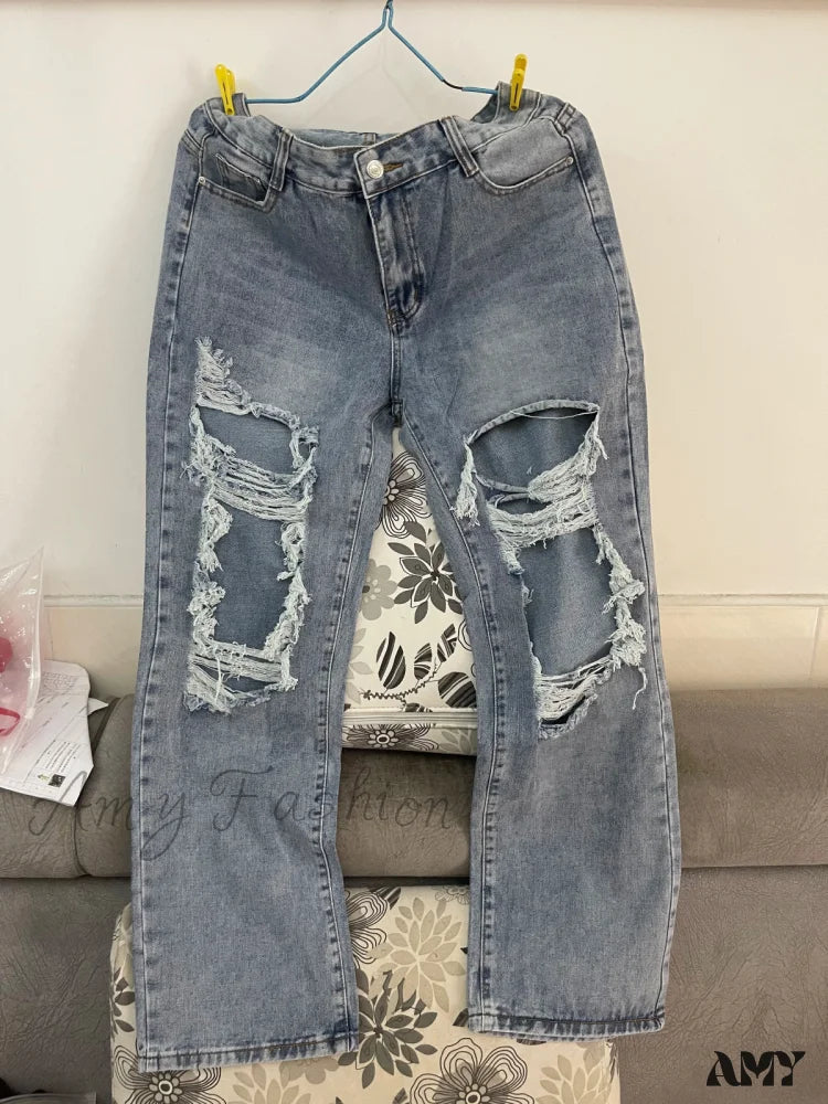 Fashion Loose Ripped Hole Straight Denim Street Trendy Casual Boyfriend Jean Light Blue / S