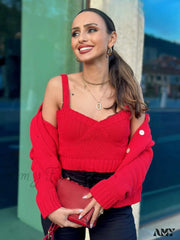 Fashion Texture Sleeveless Backless Sling Crop Top Single-Breasted Pocket Decorate Sweater Cardigan