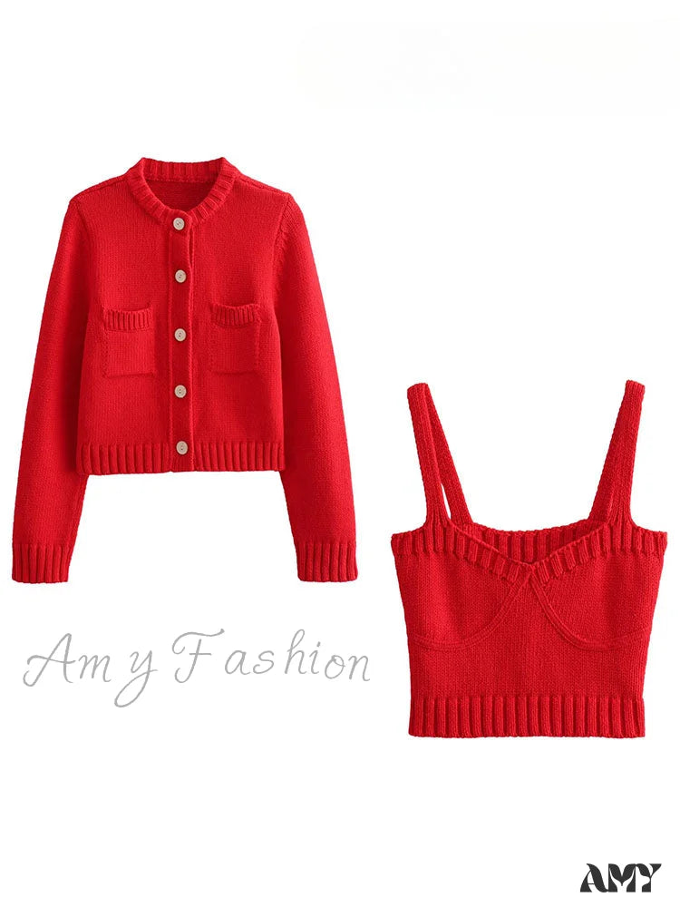 Fashion Texture Sleeveless Backless Sling Crop Top Single-Breasted Pocket Decorate Sweater Cardigan