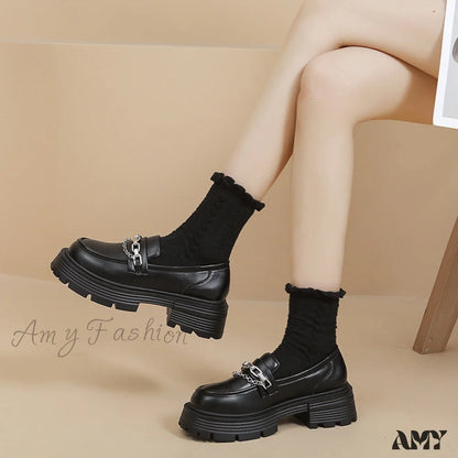 Fashion Thick Sole Chunky Heel Loafers British Style Autumn 2024 Black Metal Chain Women’s Shoes