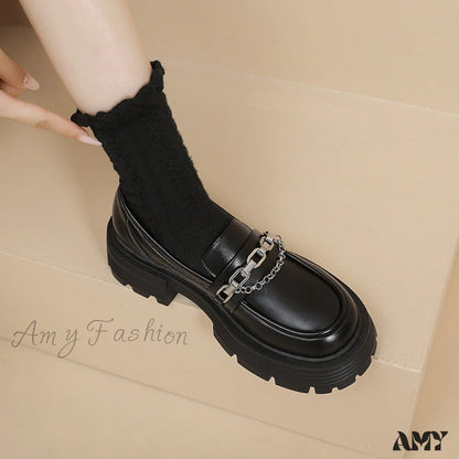 Fashion Thick Sole Chunky Heel Loafers British Style Autumn 2024 Black Metal Chain Women’s Shoes