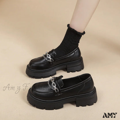 Fashion Thick Sole Chunky Heel Loafers British Style Autumn 2024 Black Metal Chain Women’s Shoes