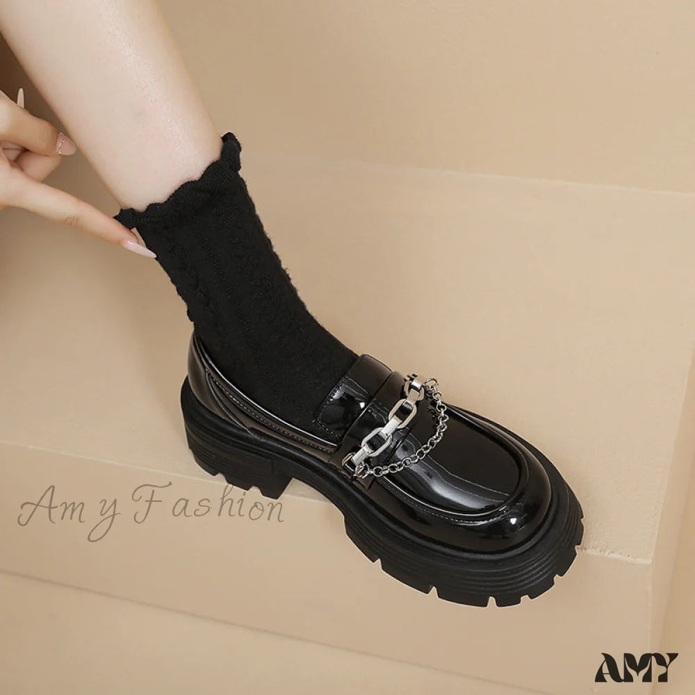 Fashion Thick Sole Chunky Heel Loafers British Style Autumn 2024 Black Metal Chain Women’s Shoes