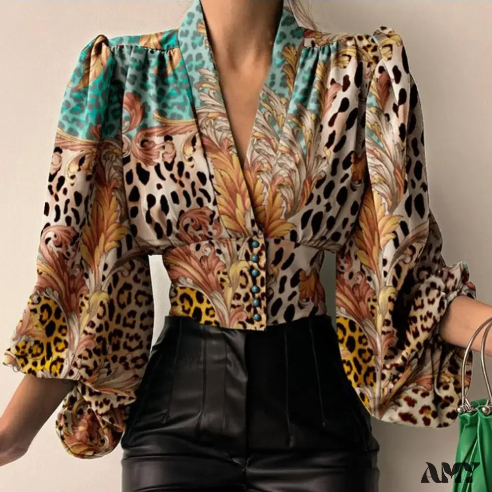 Fashion V-Neck Tight Shrinkable Cuffs Flower Print Blouse