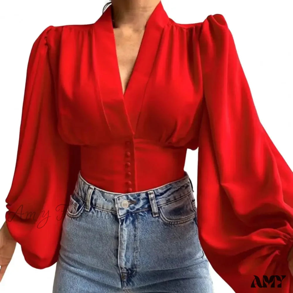 Fashion V-Neck Tight Shrinkable Cuffs Flower Print Blouse Red / M
