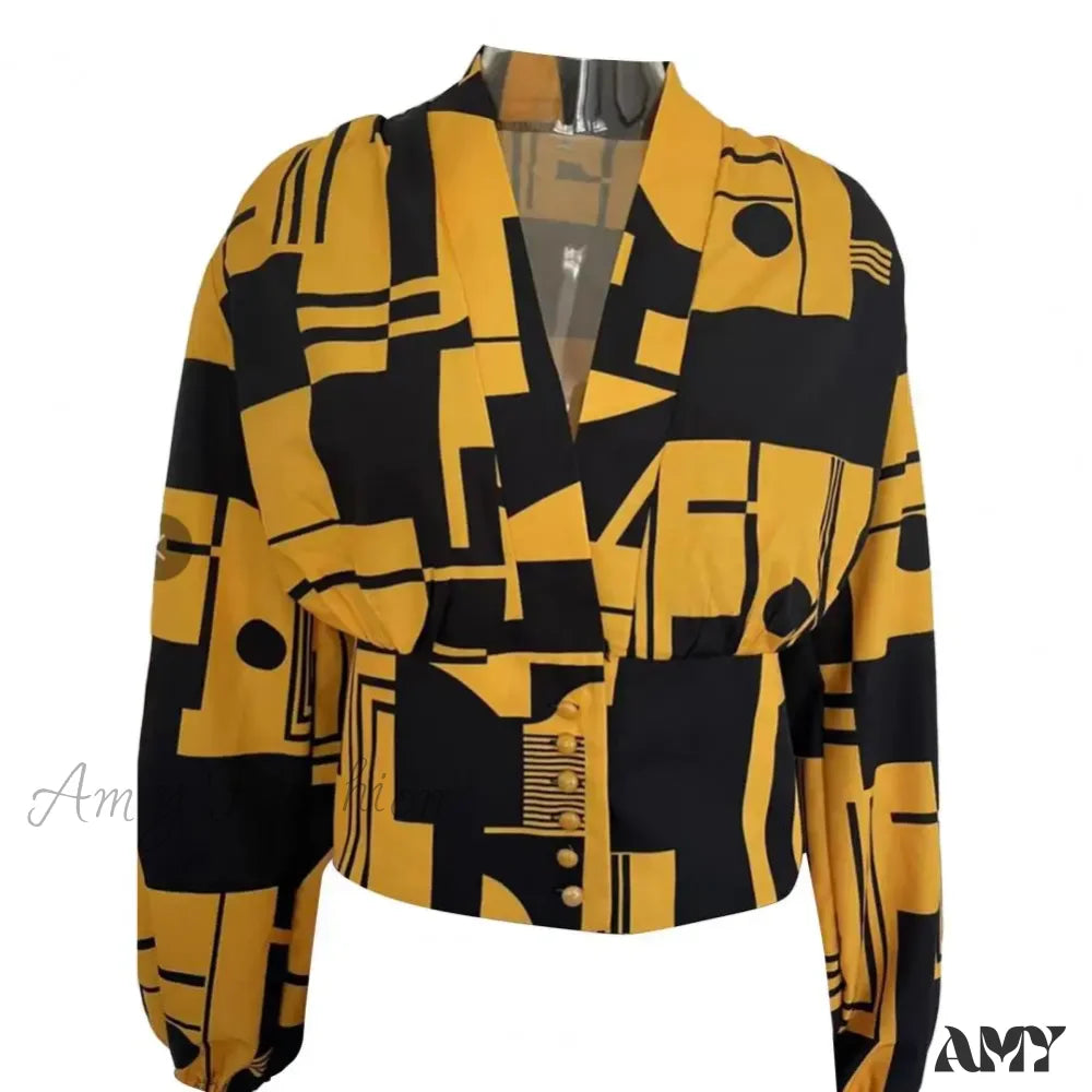 Fashion V-Neck Tight Shrinkable Cuffs Flower Print Blouse Yellow / M