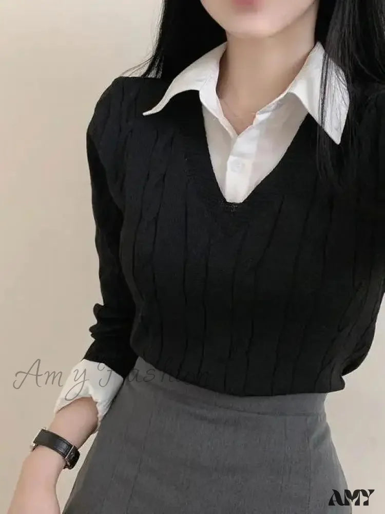 Fashion Winter Knitted Women Casual V-Neck Pullover All-Match Loose Sweater Black / One Size